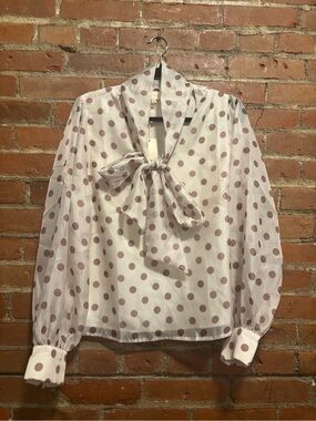 NWT Melloday White Polka Dot Bow Tie Organza Blouse - off white with taupe dots